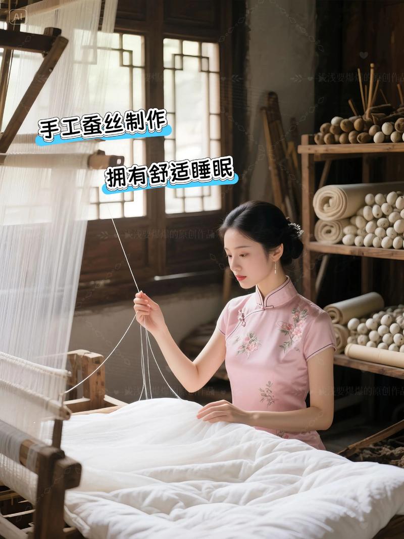双手轻抚洁白蓬松的蚕丝被一角